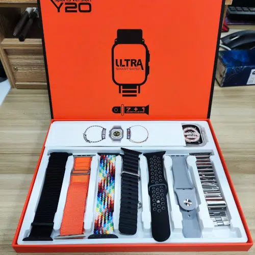 “Smart Watch,” “7-in-1 Strap,” “Touchscreen,” “Wireless Charging,” “Health Tracker” Y20 Ultra 7-In-1 Strap Smart Watch with multiple colorful straps, 2.01-inch IPS touchscreen, health tracking features, and wireless charging – displayed in premium orange packaging.